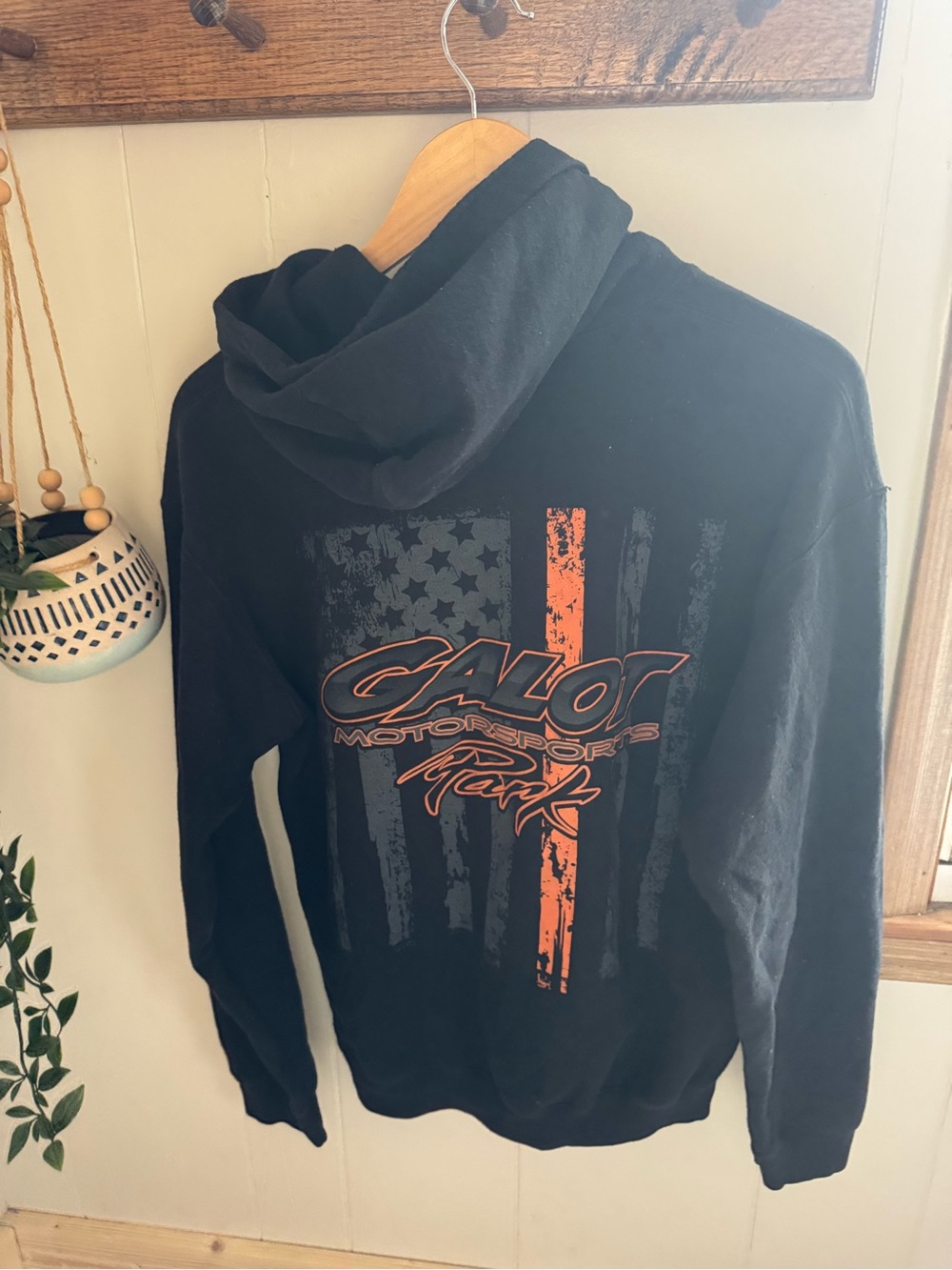 Gildan Black Zip-Up Hoodie with Orange Graphic